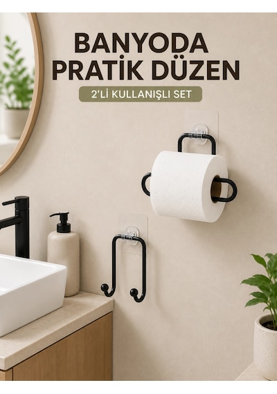 Vidasız Banyo Seti Yapışkanlı Tuvalet Kağıdı Tutucu Ve Havlu Askısı 2 Li Set Renkli