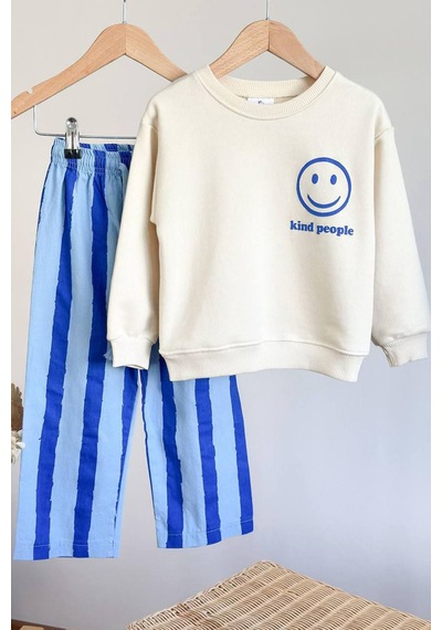 Miniğimin Cicileri Smile Detaylı Çizgili Unisex Çocuk Takım - Mavi