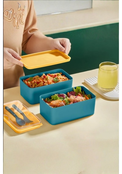 Mega Boy 2 Katlı Yemek Saklama Kabı 2 Litre - Kendinden Çatal Kaşık Servisli Lunch Box Set Yeşil
