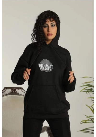 Freedom Store Kadın Oversize Kapüşonlu Cepli Baskılı 3 İplik Pamuklu Hoodie Sweatshirt - Siyah