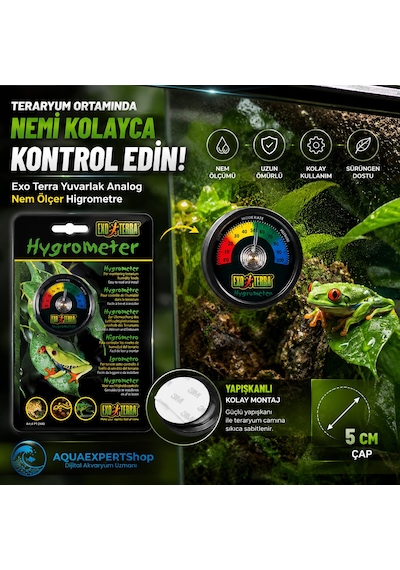 Sürüngen Terraryumları İçin Yuvarlak Analog Nem Ölçer Higrometre - Yapışkanlı - 5 Cm