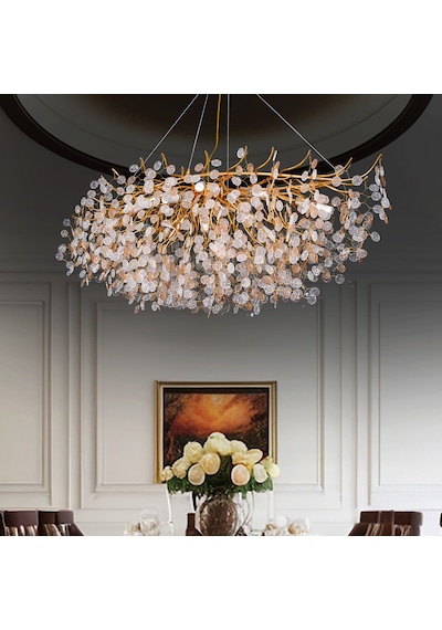 Masal Sıralı Gold Yemek Masası Üstü, Kristal Taşlı Modern, Oturma Odası, Salon Avize Altın