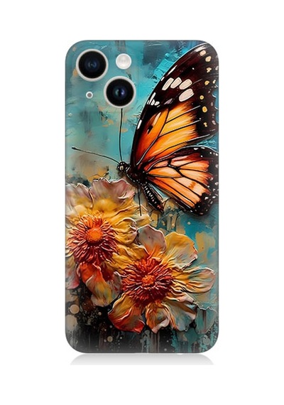 Apple Uyumlu iPhone 13 Silikon Kılıf Altın Kelebek Ve Papatya