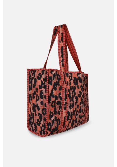 İcone Bag Patch Yama Desen Baskılı Kapitoneli Plaj Çantası, İçi Çizgili Baskılı Shopper Çanta, Pembe Plaj Çantası Leopar