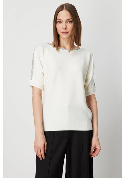 On Fashion Kadın Yakası Ve Kolları Taşlı Ekru Yarım Kol Kazak 65421 Ekru