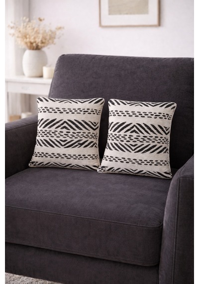 Faralya Life Baskılı Geometrik Desenli 2 Li Kırlent Kılıfı 45x45 Cm Dekoratif Koltuk Yastık Kılıfı Modern Salon Dekoru Gri Baskılı