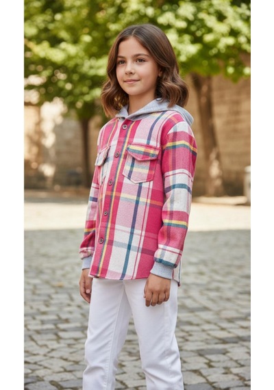 Gala Kapüşonlu Ekoseli Çocuk Unisex Gömlek Pembe