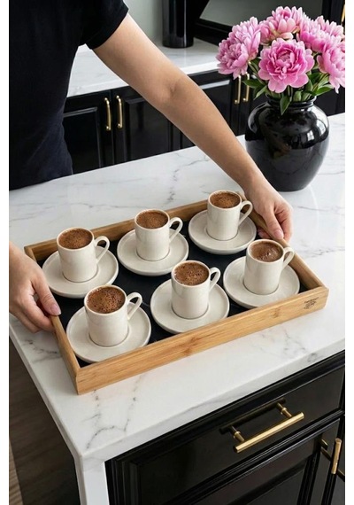 Atbyhome Aden Bambu Siyah Tepsili 6 Kişilik Türk Kahvesi Fincan Takımı Seti Beyaz