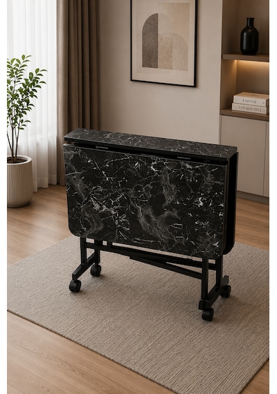 Teknor Kelebek Katlanır Ahşap Masa Mermer Desenli 60x120 Siyah
