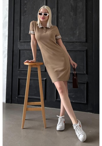 Madmext Kahverengi Polo Yaka Şerit Detaylı Kadın Elbise Mg2344