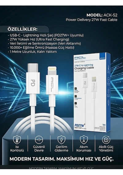 Acl Ack-52: 27w Pd Hızlı Şarj Usb-c To Lightning Kablo - Lisinya Beyaz