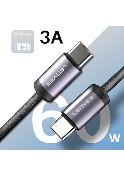 Lenyes Lc537 Type-c To Type-c Hızlı Şarj Özellikli Örgülü Data Ve Şarj Kablosu 60w 1m Siyah