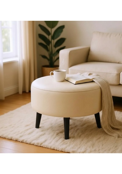 Waterybrook Suni Deri Puf Large - Siyah Ahşap Ayaklı - Retro Modern Tasarım - Dekoratif Sehpa Ekru