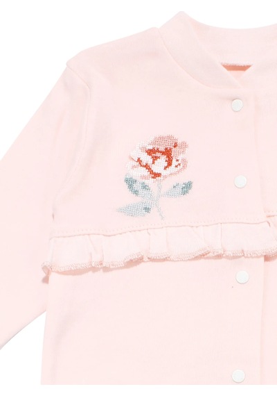 Bebegen Kız Bebek Ekru Somon Gül Nakışlı Kanaviçe Çıtçıtlı Patikli Tulum