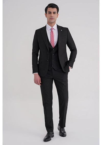Efor Slim Fit Mono Yaka Çift Yırtmaç Armürlü Esnek Yünlü Siyah Yelekli Klasik Takım Elbise Tk 933 Siyah Efor Slim Fit Mono Yaka Çift Yırtmaç Armürlü Esnek Yünlü Siyah Yelekli Klasik Takım Elbise Tk 933 Siyah