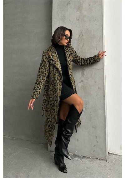 Dip Moda Kadın Leopar Desenli İthal Kaşe Kaban Dpnbg054 Çok Renkli