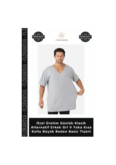 Floranova Özel Üretim Günlük Klasik Alternatif Erkek Gri V Yaka Kısa Kollu Büyük Beden Basic Tişört
