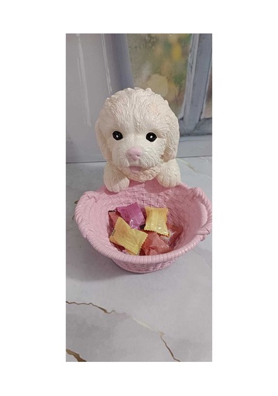 El Yapımı Dekoratif Köpek Biblo,pembe Sepetli Beyaz Fino.