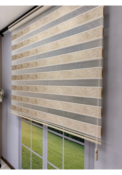 Amora Serisi Ekru Kum Beji Desenli Zebra Perde Açık Gri Şeritli Modern Zebra Perde