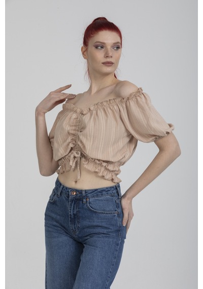 Duygudan Bej Renk Önü Büzgülü Detaylı Balon Kol Crop Bluz - Bej Çok Renkli