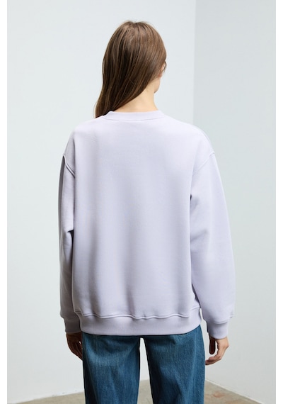 Grımelange KARIUS Kadın Organik Pamuklu İçi Polarlı Oversize Yuvarlak Yakalı Lila Sweatshirt
