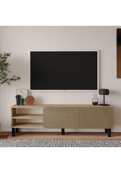 İnarch Dizayn River 150 Cm Modern Tv Sehpası Kapaklı Ve Raflı Tasarım Safir Meşe