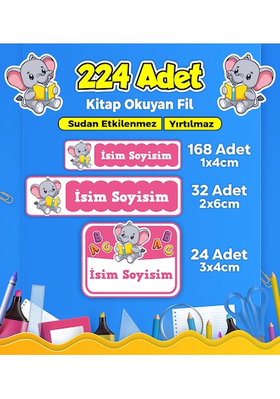 Sevimli Fil Temalı Okul Kreş Kişiye Özel İsim Etiket Seti - Model 174 Çok Renkli