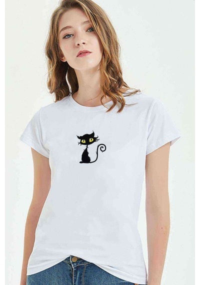 Kiss Black Cat Kitten Halloween Clip Baskılı Beyaz Kadın Tshirt