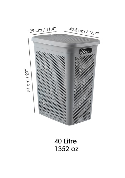 2'li Kirli Çamaşır Sepeti Seti - 40 Litre Kapaklı Delik Detaylı Stash Slim Kirli Sepeti Gri Gri