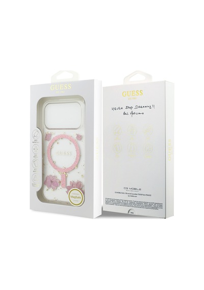 Apple Uyumlu iPhone 17 Pro Kılıf Guess Lisanslı M-safe Şarj Özellikli Transparan Resin Flowers Kapak Pembe Pembe