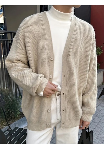 Tarz Cool Erkek Regular Fit Düğmeli V Yaka Triko Hırka Taş