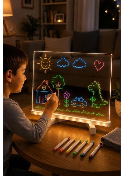Led Işıklı Çizim Boyama Tahtası 7 Adet Kalem Hediyeli Neon Işıklı Eğitici Not Tahtası Lwb01 Şeffaf
