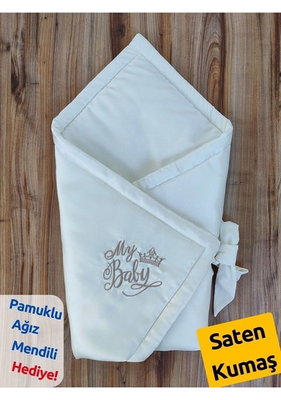 Ekru Bebek Battaniyesi Saten Kumaş Nakış Detaylı Bebek Kundak Mevsimilk Hediyelik Bebek Örtü Ekru