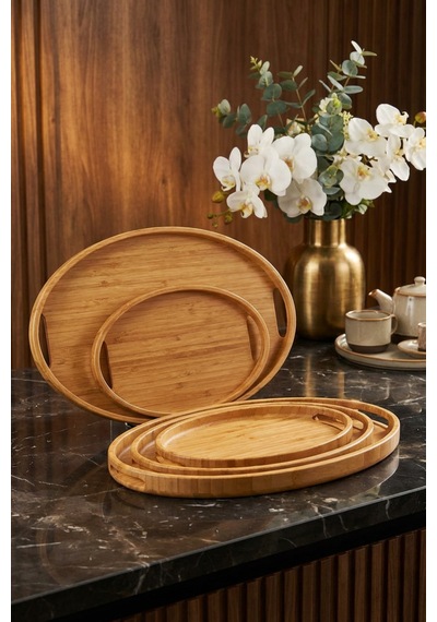 Makri Home Bambu Oval 3'lü Tepsi Seti. Küçük Tepsi: 20x29 Cm. Orta Tepsi: 26x36 Cm. Büyük Tepsi: 31x45 Cm Ahşap