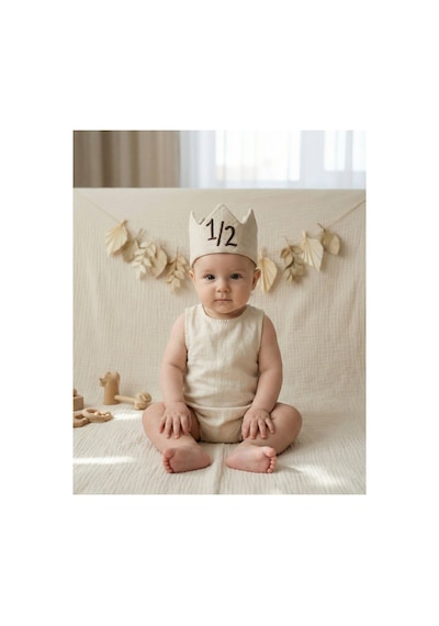 1/2 Half Birthday - Yarım Yaş Nakışlı Bebek Tacı - Half Birthday Tacı - Kahve/krem +0