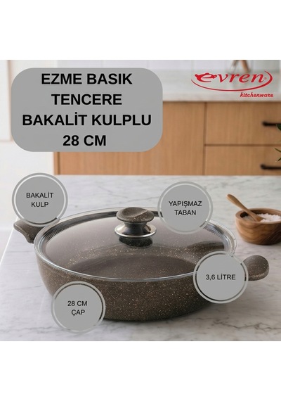 20 Cm Gold Stone Ezme Seri Granit Basık Tencere, Non-stick Pilav Karnıyarık Tencere 1,7 Lt Bakalit Kulplu 28 Cm