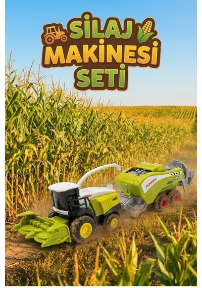 Die-cast Metal Silaj Makinesi Ve Römork Seti - Sürtmeli Çiftlik Oyuncak Traktör Biçerdöver