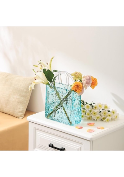 Çanta Vazo Köşeli Model Cam Çiçek Vazosu Dekoratif Mavi Vazo Büyük Boy Glass Bag Vase