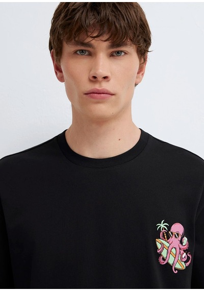 Mavi M0613385-900 Mavi Ahtapot Baskılı T-shirt Erkek Tişort Siyah