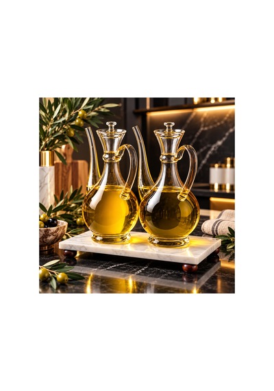 Mermer Standlı Borosilikat Cam 750 Ml Yağdanlık Set 3 Lü Yağlık Set Ayçiçek Yağı Zeytinyağı Şişesi Bej Bej
