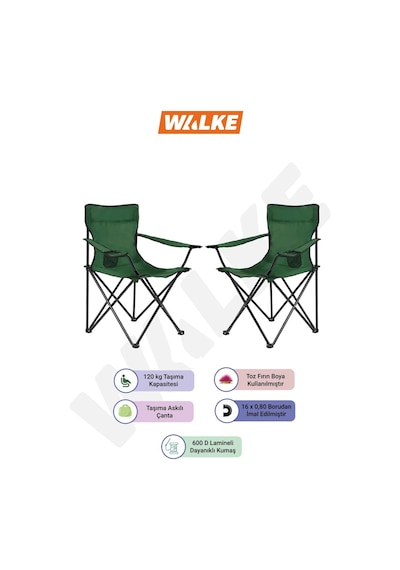 Walke 2'li Katlanabilir Taşıma Çantalı Piknik Plaj Kamp Sandalyesi - Yeşil