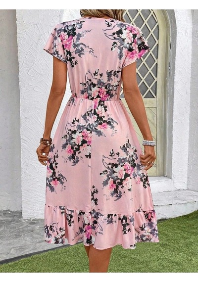 Efnaz Style Kadın Kısa Kollu V Yakalı Desenli Midi Süprem Elbise Pembe