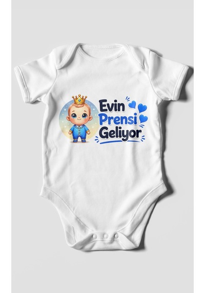 Morivokids Evin Prensi Geliyor Kısa Kollu Bebek Body %100 Pamuk Beyaz