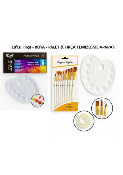 10 Lu Uzun Sap Fırça & 6 Lı Akrilik Boya & Palet & Fırça Temizeyi