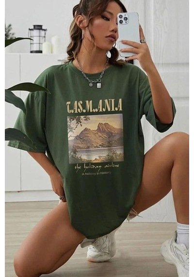 Unisex Tasmania Baskılı Tasarım Tshirt Yeşil