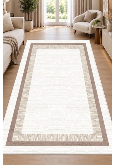 Çerçeveli Modern Desen Baskılı Kaymaz Yıkanabilir Halı Yatak Odası Salon Oturma Odası Mutfak Halısı Yolluk Bej