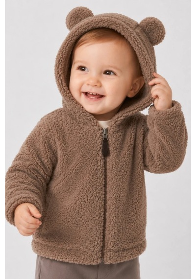 Wofim Kids Bebek Kapüşonlu Peluş Mont Kahverengi