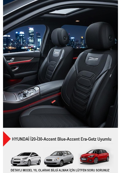 Titanyum Serisi Lüks Keten Oto Koltuk Kılıfı- Hyundai İ20-i30-accent-blue-era-getz Uyumlu Siyah