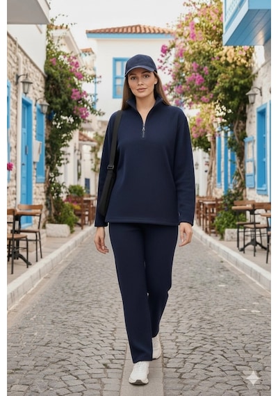 Defymoda Kadın Balıkçı Yaka Fermuar Detay Polar Sweat Ve Pantolon Ikili Takım Lacivert