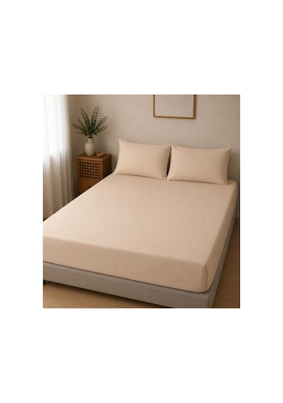 Çift Kişilik Lastikli Çarşaf Takımı 2 Adet Yastık Kılıflı 50x70 180x200+30 %100 Pamuk Bej